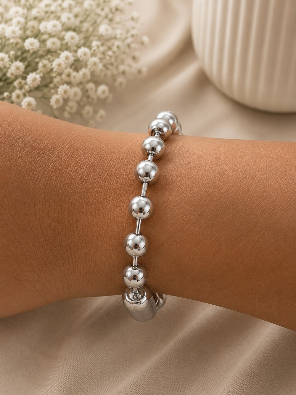 Silver Tone Polished Bead Bracelet - Picture 2 of 5